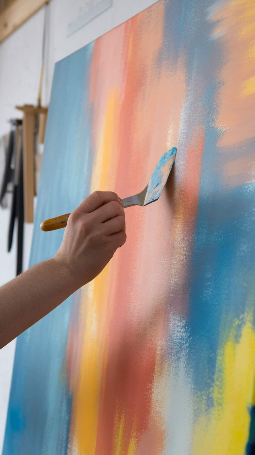 A hand using a palette knife to blend colors on an acrylic painting.