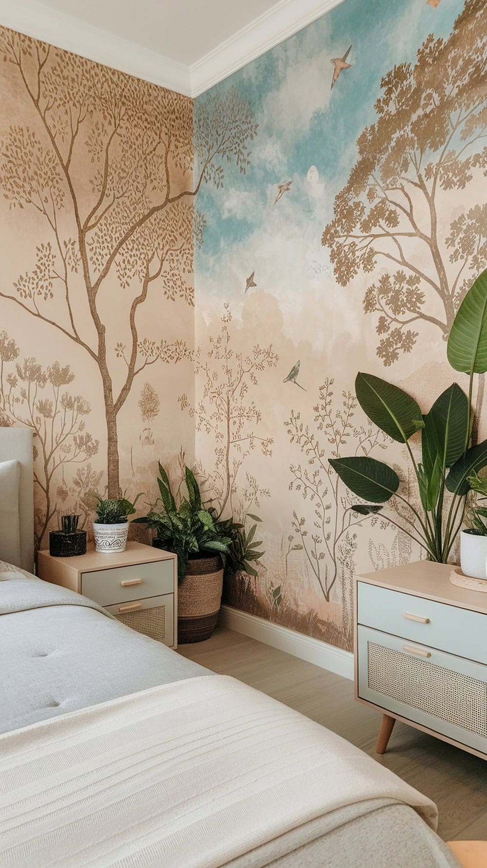 A cozy bedroom with nature-inspired murals featuring trees and birds, complemented by indoor plants.