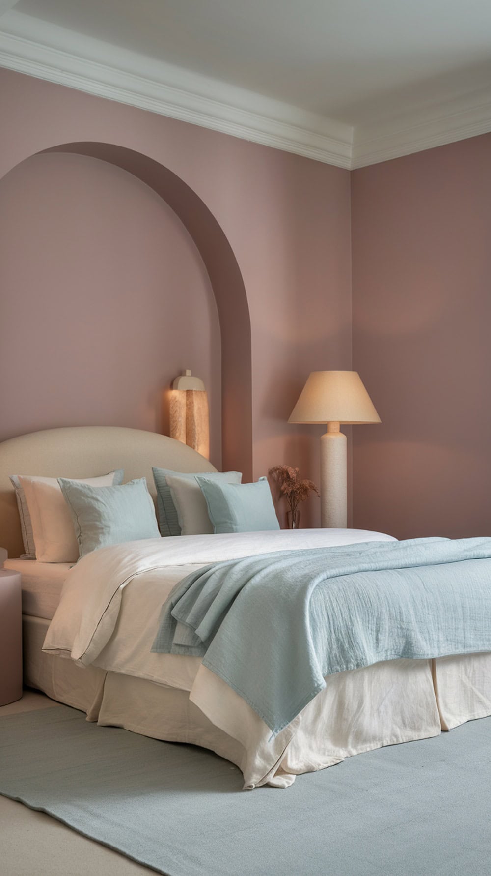 A cozy bedroom featuring muted pastel shades with a pink wall and soft blue bedding.