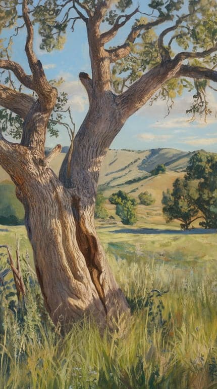 A detailed acrylic painting of an old oak tree with gnarled branches and a scenic background.