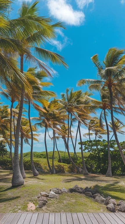 Tropical palms swaying against a clear blue sky