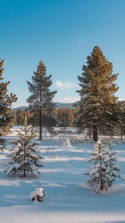 A serene winter landscape featuring snow-covered pine trees under a clear blue sky.