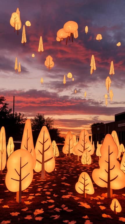 Whimsical tree silhouettes illuminated against a vibrant sunset sky.