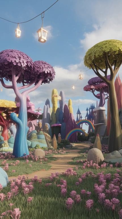 A vibrant fantasy landscape with colorful trees, lanterns, and a rainbow.