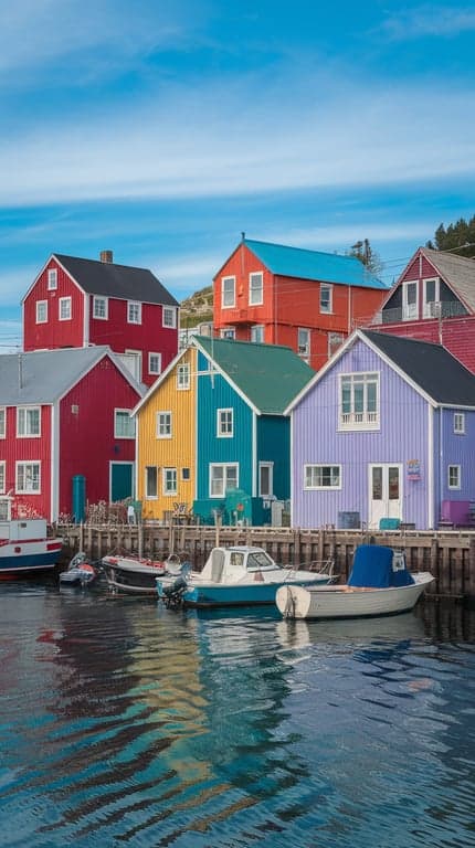 A coastal village with colorful houses and boats in the water.