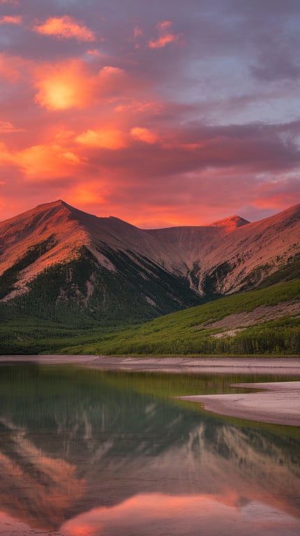 A serene mountain landscape with reflections in the water during sunset.