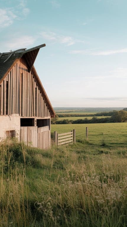 A peaceful countryside landscape featuring a wooden barn and green fields under a clear sky.