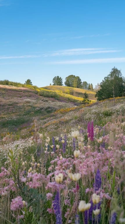A landscape of rolling hills adorned with colorful wildflowers under a clear blue sky.