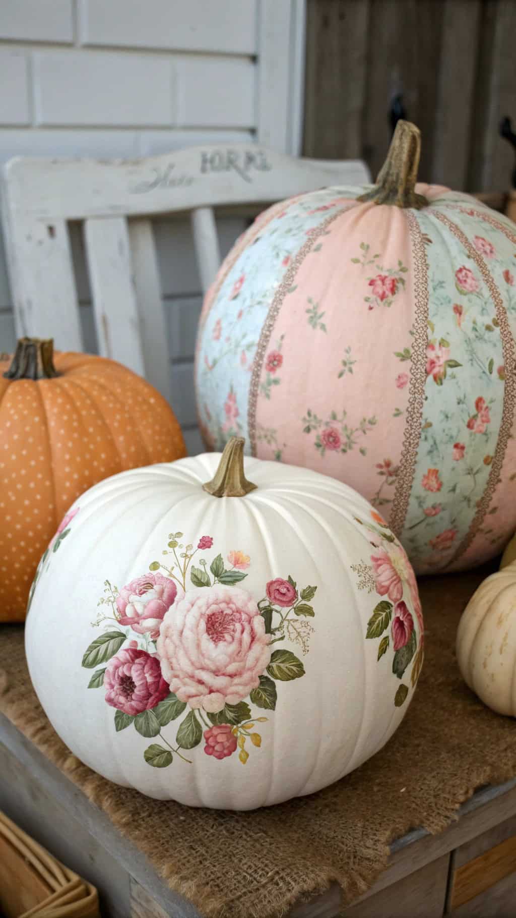 A collection of pumpkins with vintage floral designs in soft colors.