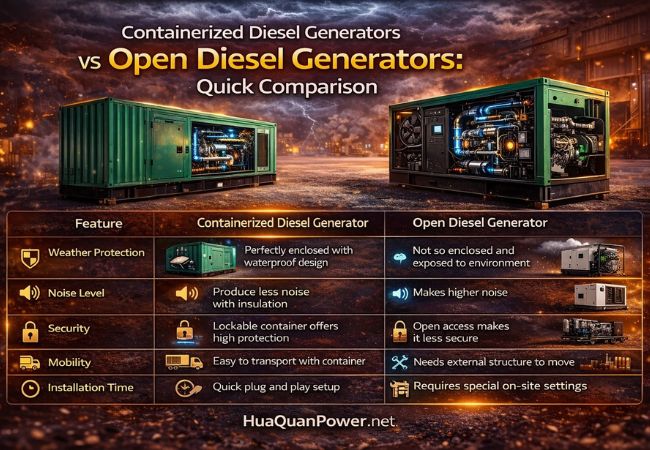 Containerized vs open diesel generator comparison infographic
