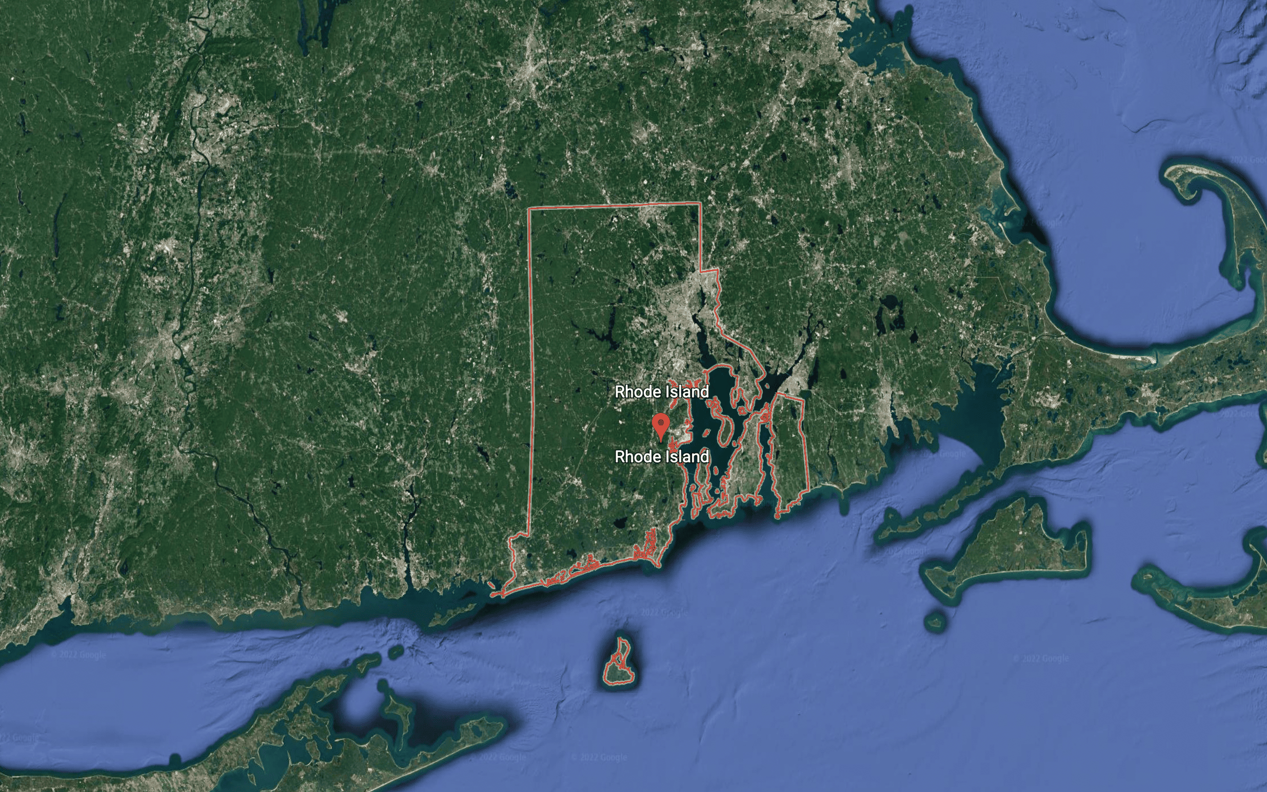 Satellite overhead image of Rhode Island from Google Earth 2022