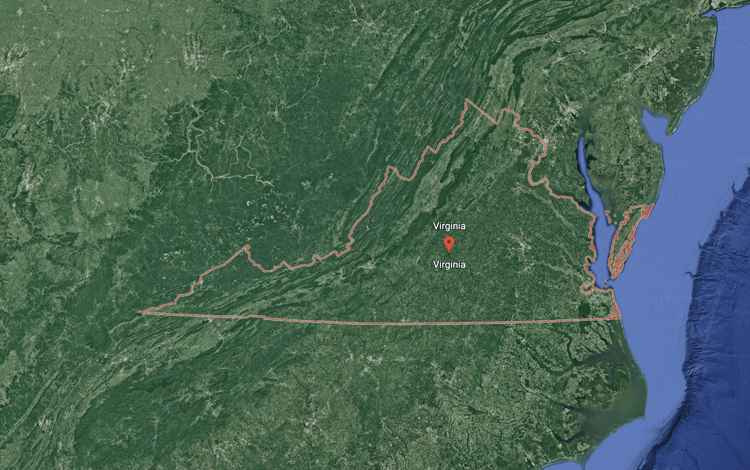 Satellite overhead image of Virginia from Google Earth 2022