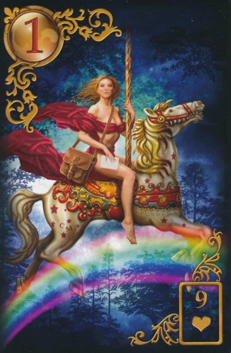Jetzt online kaufen! Lenormandkarten zum Kartenlegen – das Gilded Reverie Lenormand fantasievollen Motiven – hier der Reiter bzw. die Reiterin.