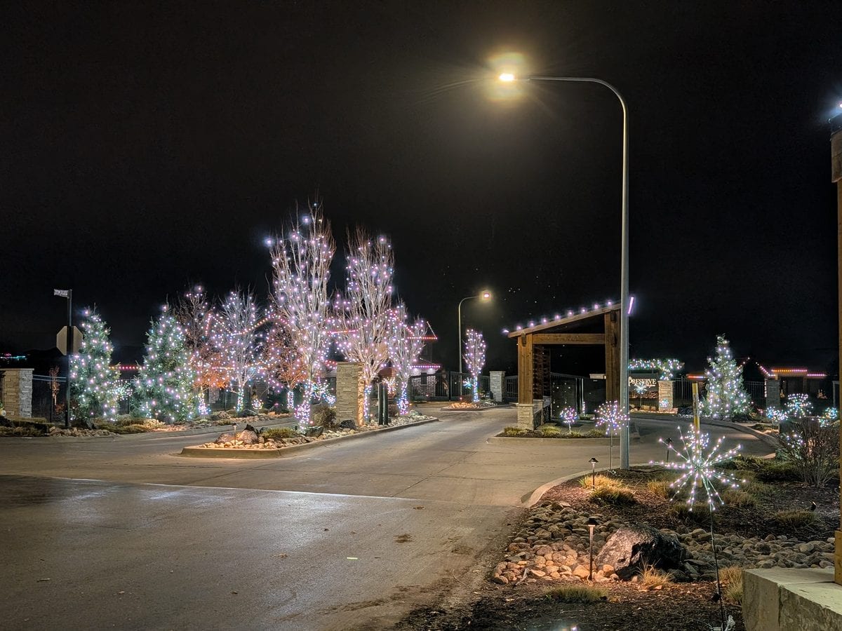 Preserve at the Farm entrance boulevard with lit trees and snowflakes