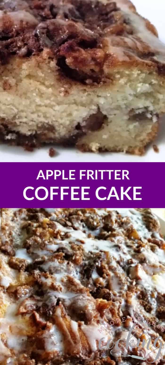 Moist Apple Coffee Cake filled with layers of cinnamon sugar streusel and apples covered with a light glaze. A wonderful option for breakfast, brunch, snack, or dessert. via @Mooreorlesscook