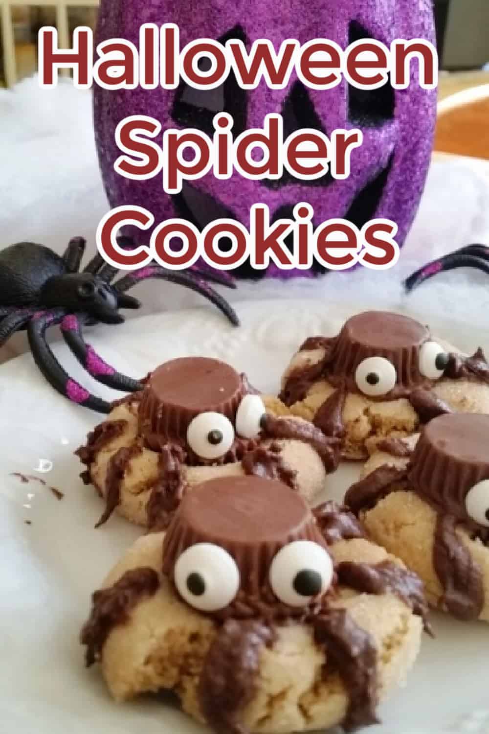 Halloween Spider Cookies: Chocolate Peanut Butter Halloween Cookies. A yummy peanut butter cookie with a chocolate peanut butter cup face and chocolate legs. This cookie will be a hit at your Halloween Party! via @Mooreorlesscook