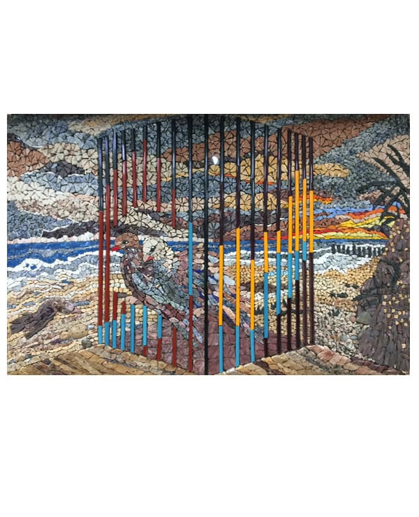 Mosaïc Concept, cours de mosaïque : La cage de nos Habitudes : création en volume en marbre et émaux de Venise