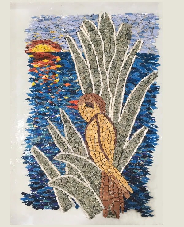 Mosaïc Concept, cours de mosaïque : Oiseau au coucher de soleil : première mosaïque en marbre et émaux de Venise