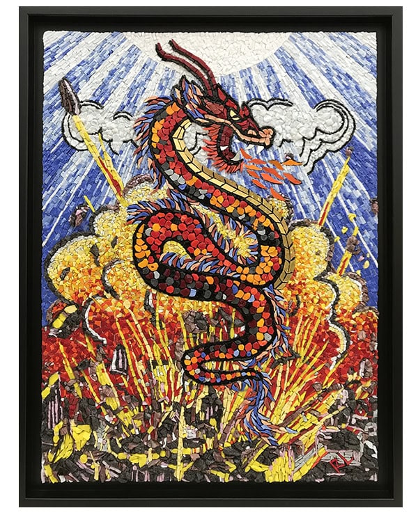 Atelier Mosaïc Concept, cours de mosaïque.tableau le dragon niveau confirmé en émaux de Venise et marbre
