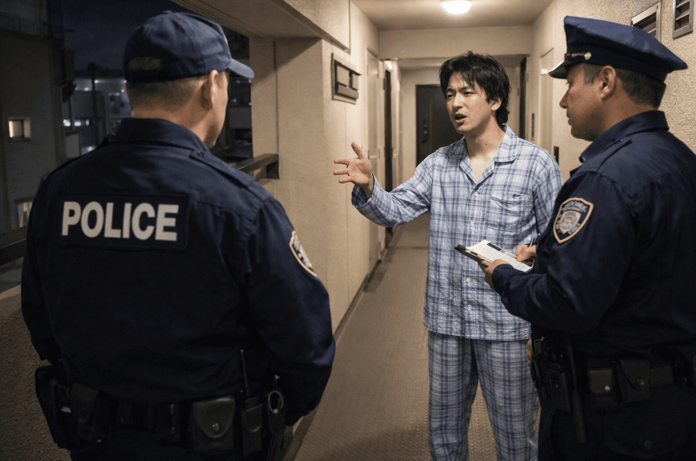 夜間の騒音トラブルと警察相談のイメージ