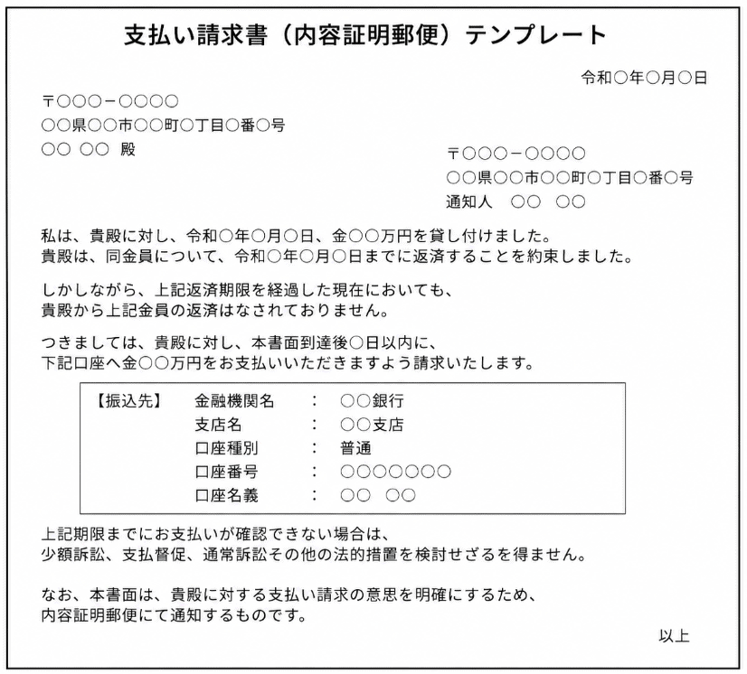 支払い請求の内容証明郵便テンプレート