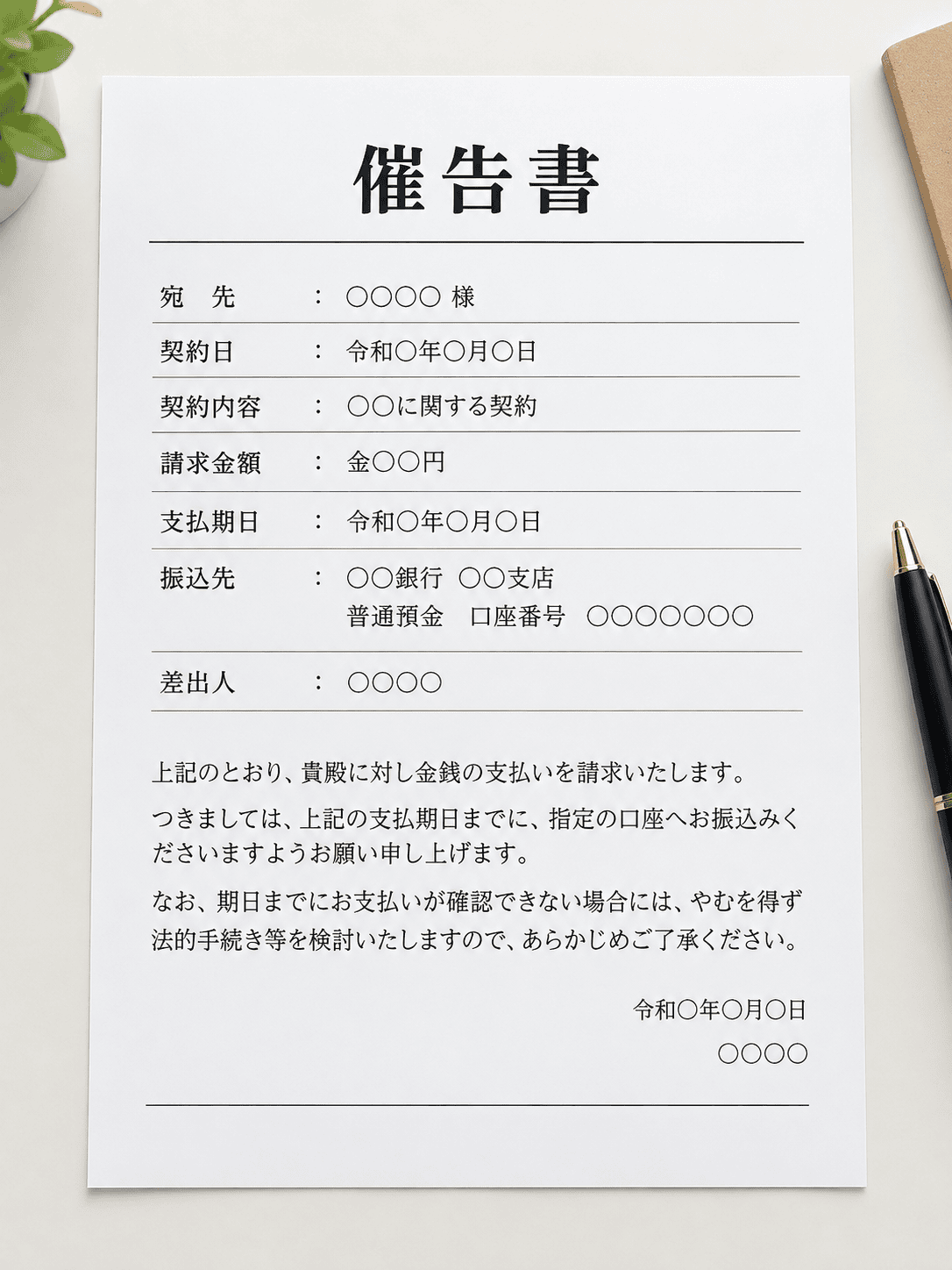 催告書の文例｜未払い代金を請求する場合