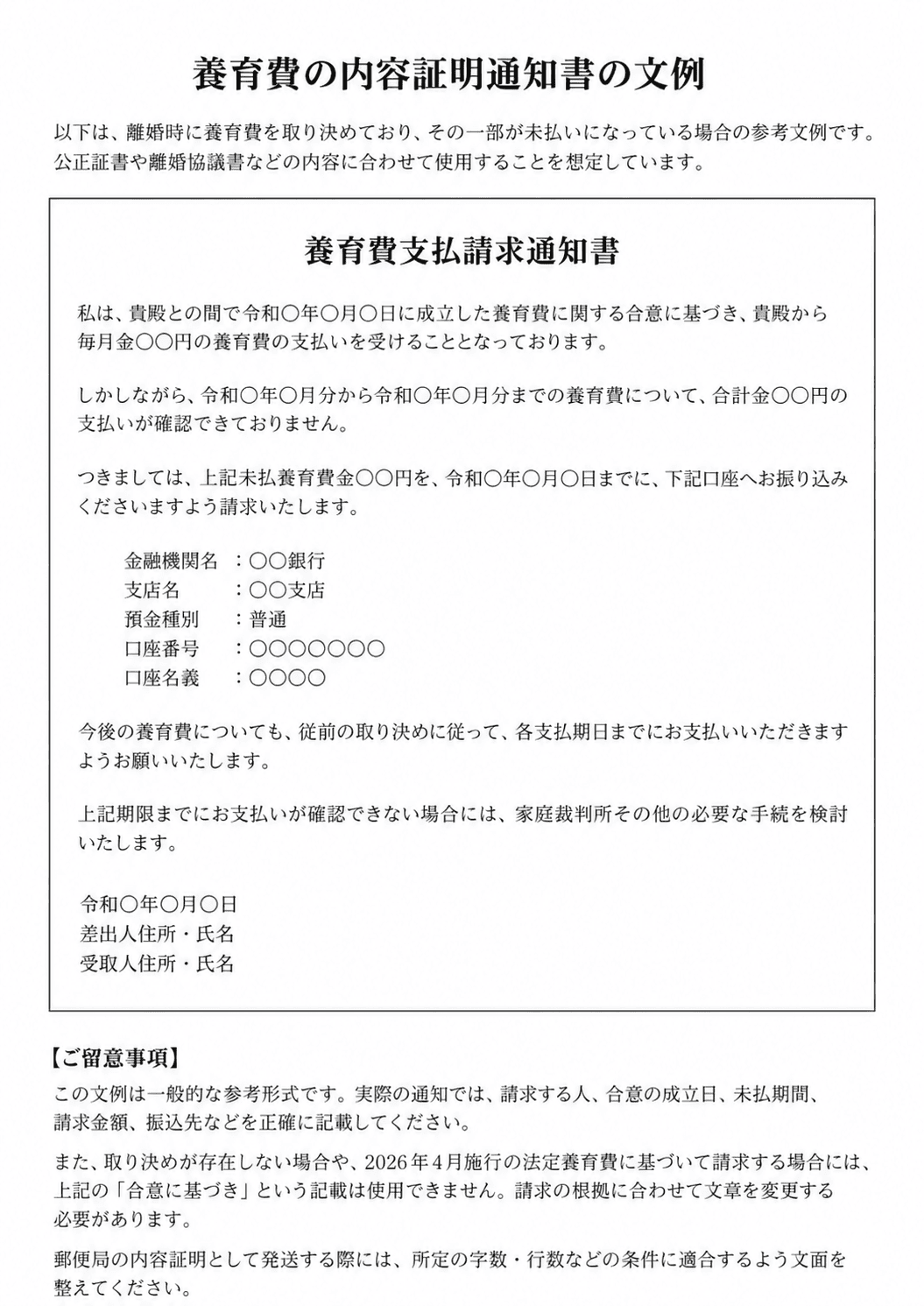 養育費の内容証明通知書の文例