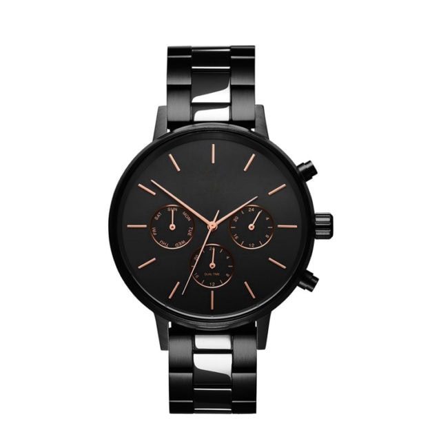 all black steel bracelet rose gold hands watch