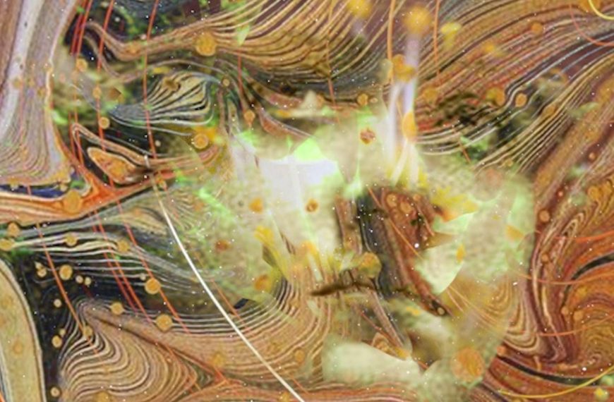Illustration featuring a close up of a young person's face overload with swirling lines and galaxy-like objects.