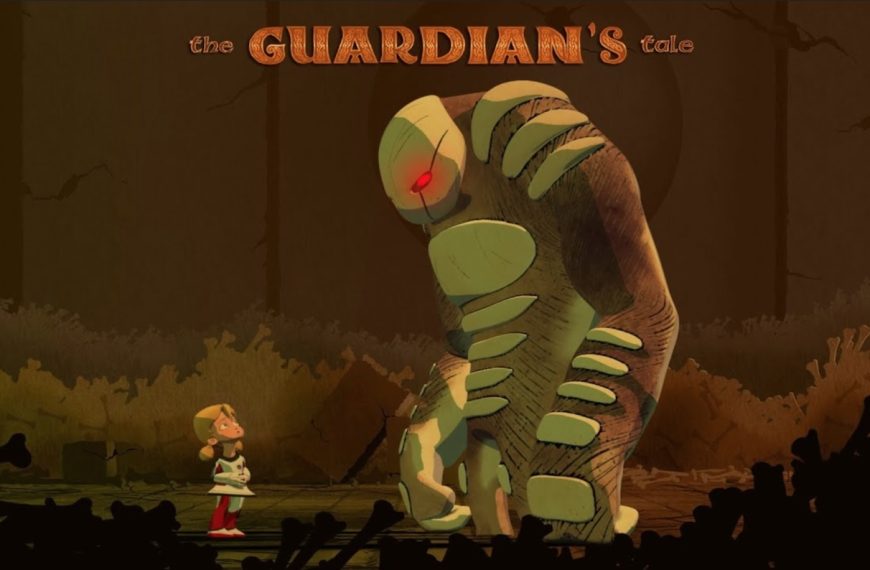 A large but unimposing creator with glowing red eyes gazes down at a little blonde girl about 1/5 its height, titled "The Guardian's Tale."