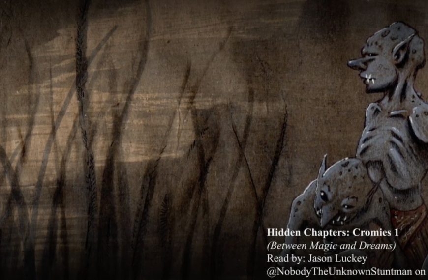 Illustration of grey troll-like creatures cowering in a bleak landscape.