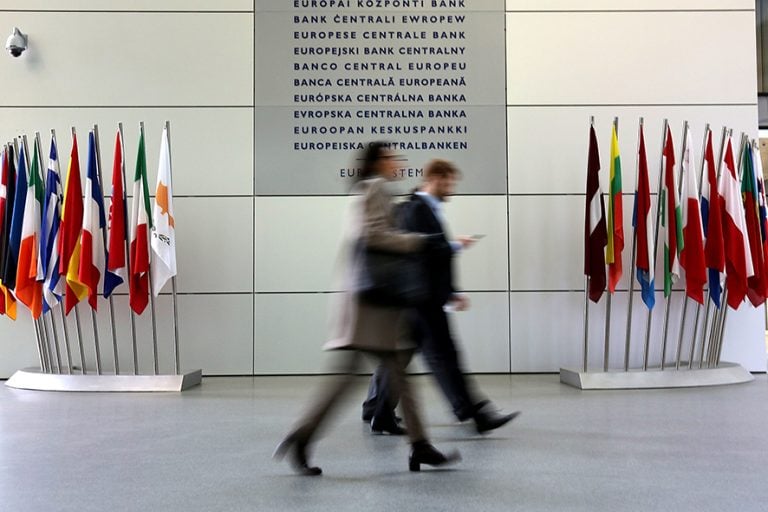 FRANKFURT AM MAIN, GERMANY - DECEMBER 08: Inside the ECB building on December 8, 2016 in Frankfurt, Germany. Germany. The ECB today announced that it would continue its trillion-euro bond-buying program, extending its purchasing for nine more months, but at a smaller pace, according to published reports. (Photo by Hannelore Foerster/Getty Images)