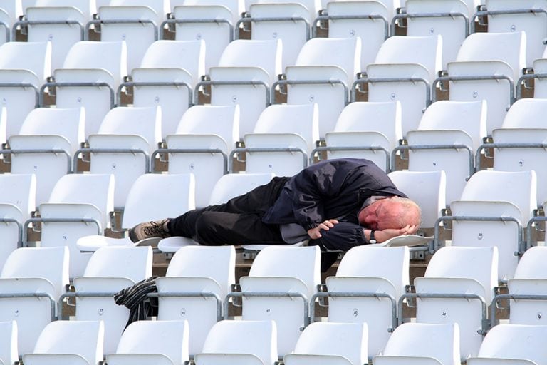 CHESTER-LE-STREET, ENGLAND - SEPTEMBER 26: A spectator sleeps in the lunch break during day three of the County championship match between Durham and Middlesex at Emirates Riverside on September 26, 2018 in Chester-le-Street, England. (Photo by Ian Horrocks/Getty Images)