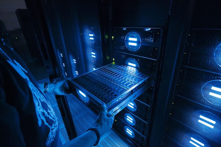 HAMBURG, GERMANY - JUNE 07: A "Mistral" supercomputer, installed in 2016, at the German Climate Computing Center (DKRZ, or Deutsches Klimarechenzentrum) on June 7, 2017 in Hamburg, Germany. The DKRZ provides HPC (high performance computing) and associated services for climate research institutes in Germany. Its high performance computer and storage systems have been specifically selected with respect to climate and Earth system modeling. With a total of 100,000 processor cores, Mistral has a peak performance of 3.6 PetaFLOPS. With a capacity of 54 PBytes, its parallel file system is currently one of the largest in the world. The DKRZ's robot-operated tape archive has currently a capacity of 200 petabytes and allows for long-term archiving of climate simulations such as those carried out with respect to reports by the Intergovernmental Panel on Climate Change. (Photo by Morris MacMatzen/Getty Images)