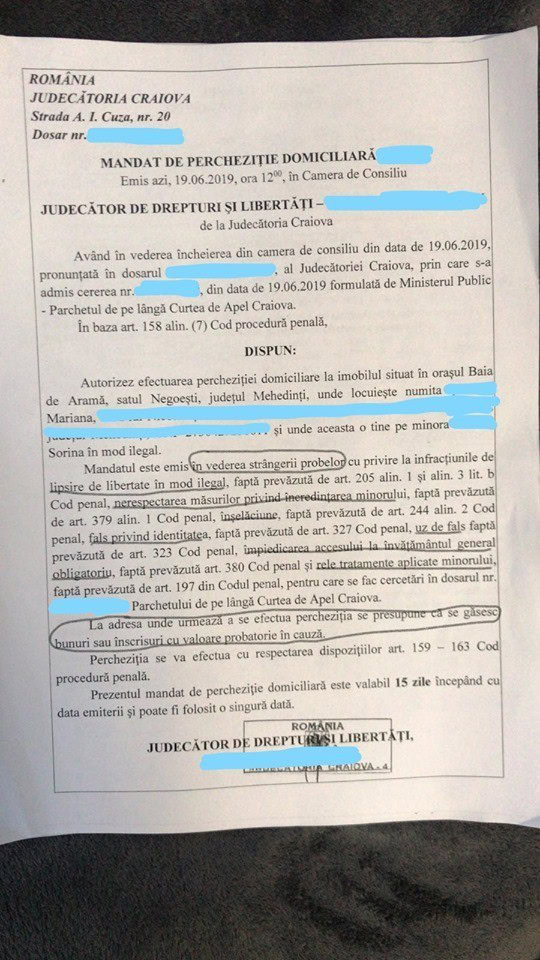 Mandatul de percheziţie de la Baia de Aramă era dat pentru ridicarea de probe, nu pentru ridicarea minorei