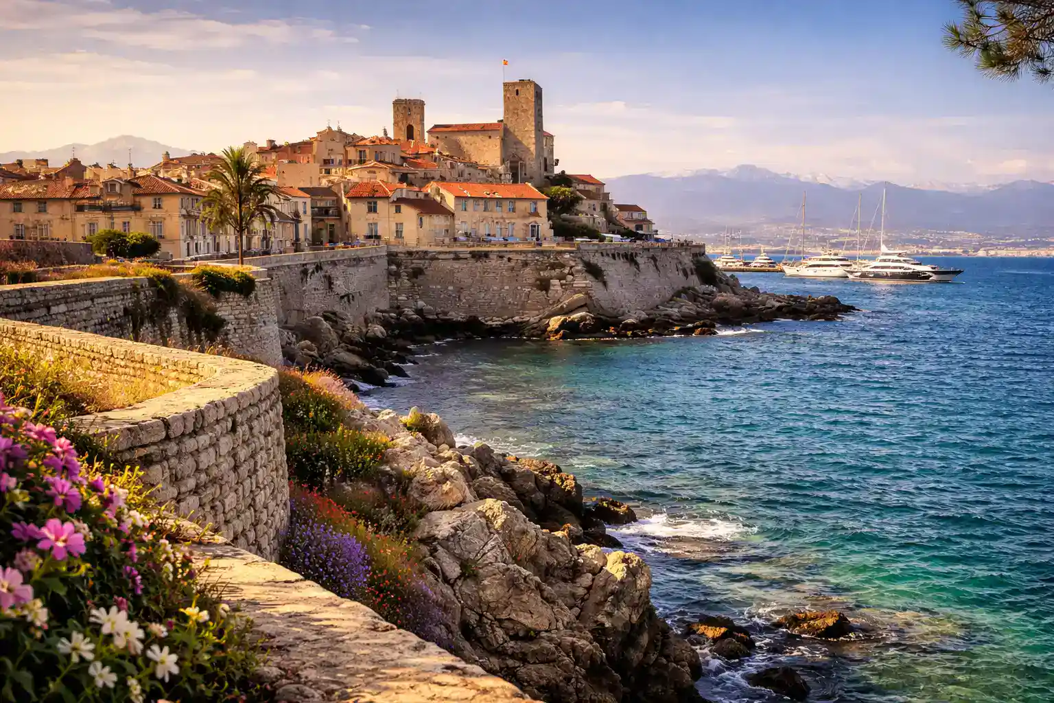 Antibes old town ramparts overlooking Mediterranean sea and yachts