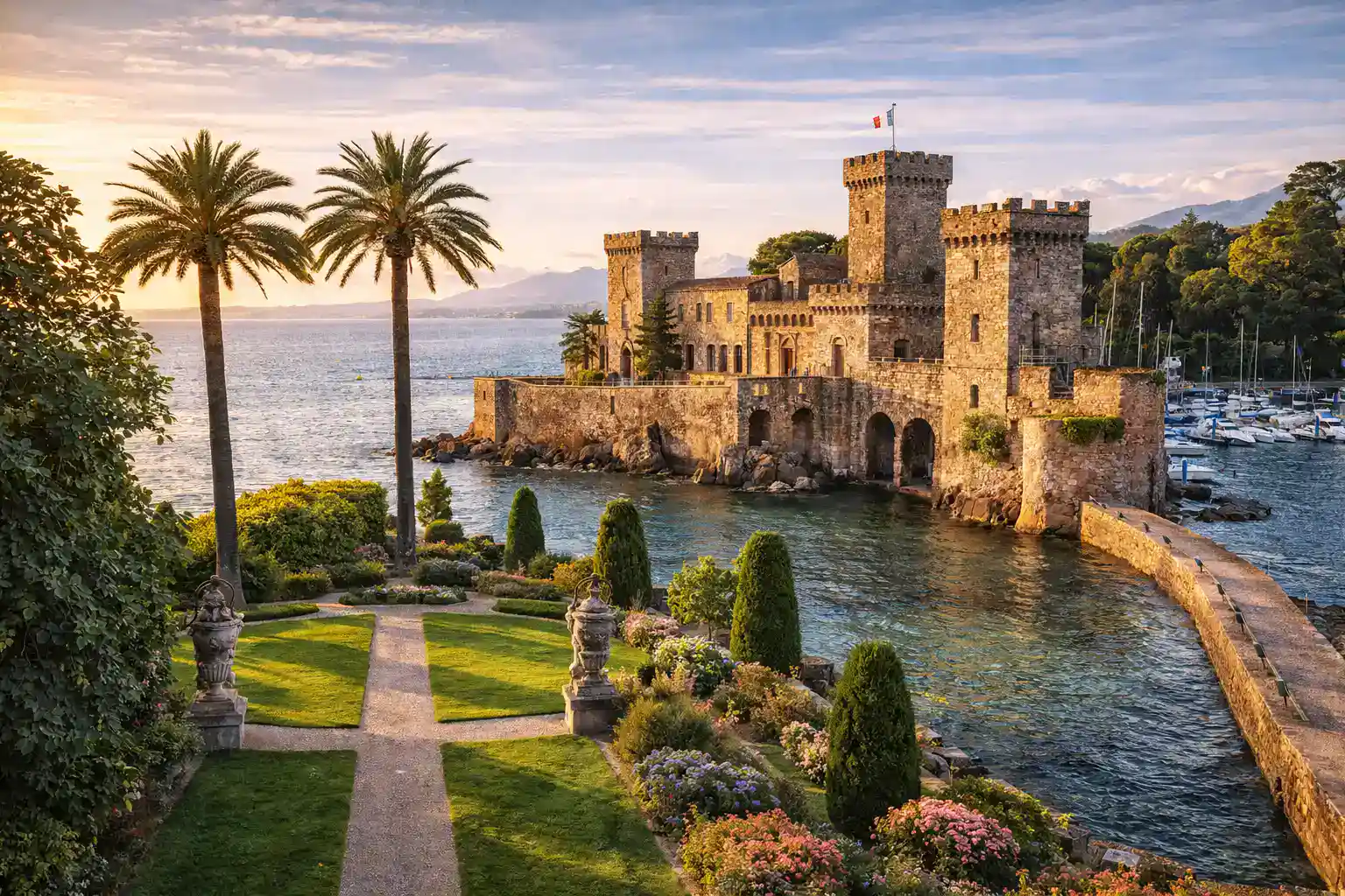 Château de la Napoule on Mediterranean waterfront with gardens