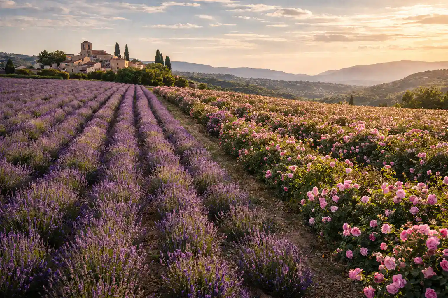Lavender and rose fields in Grasse region used for perfume production