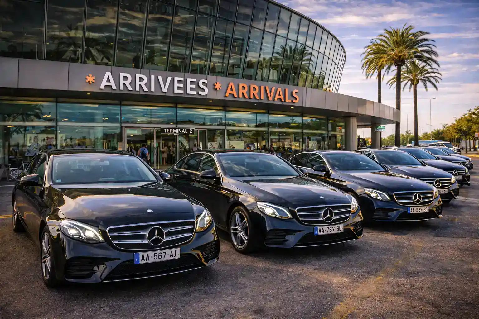 Mercedes fleet waiting at Nice Airport arrivals terminal