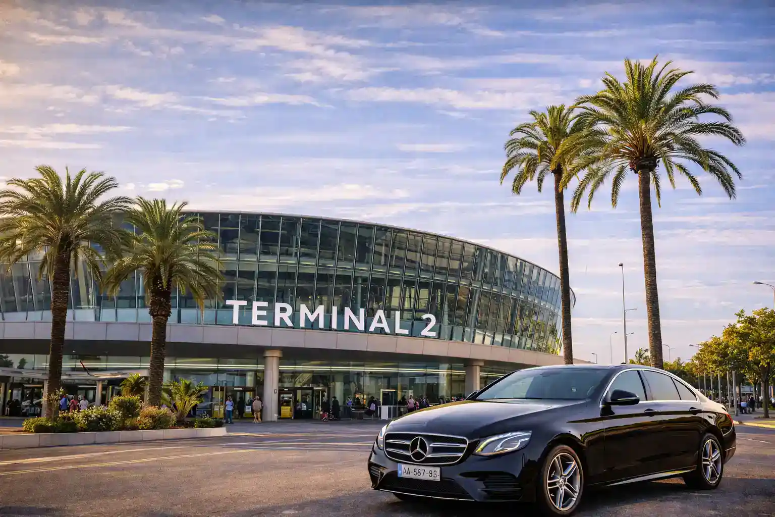Nice Côte d'Azur Airport terminal exterior with palm trees