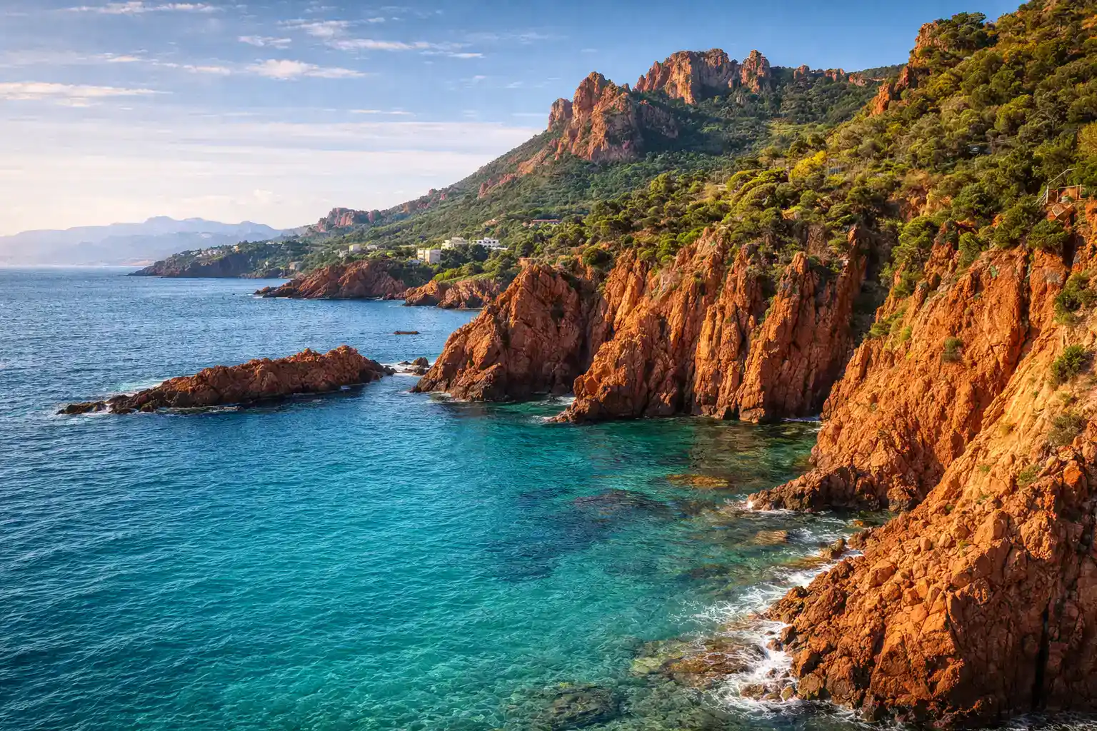 Red Esterel cliffs meeting turquoise Mediterranean at Théoule-sur-Mer