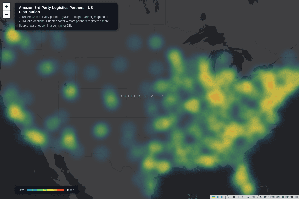 Heatmap of Amazon delivery partner locations across the United States