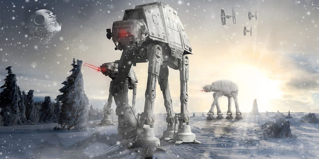 Escadron de TB TT et flotte de chasseurs TIE sur une planète Star Wars enneigée.