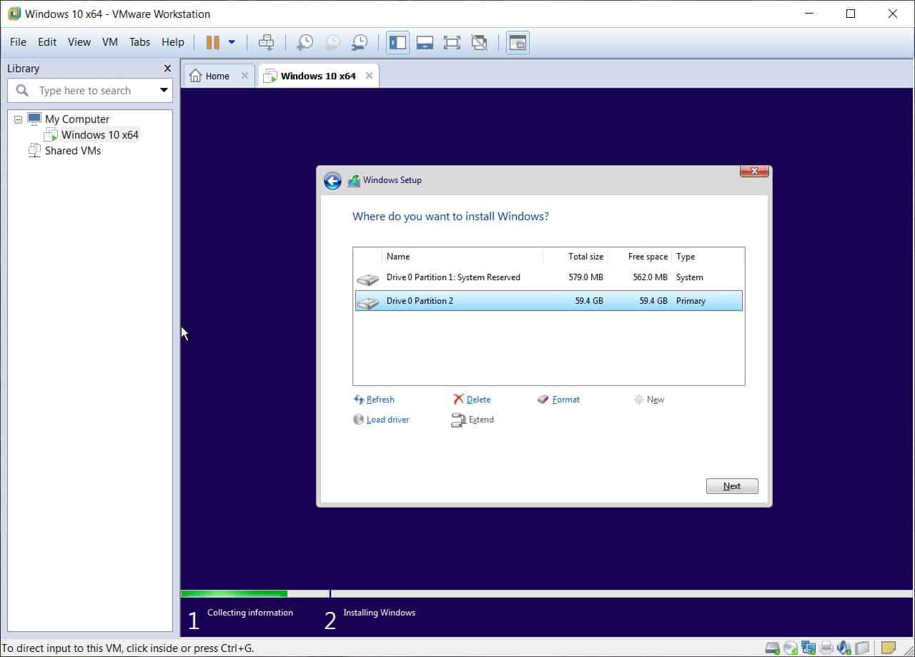 System partition - Windows 10 on VMware