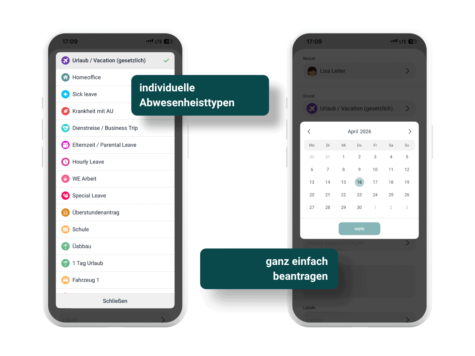 Individuelle Abwesenheitstypen und einfache Urlaubsantragstellung in der absence.io Mobile App