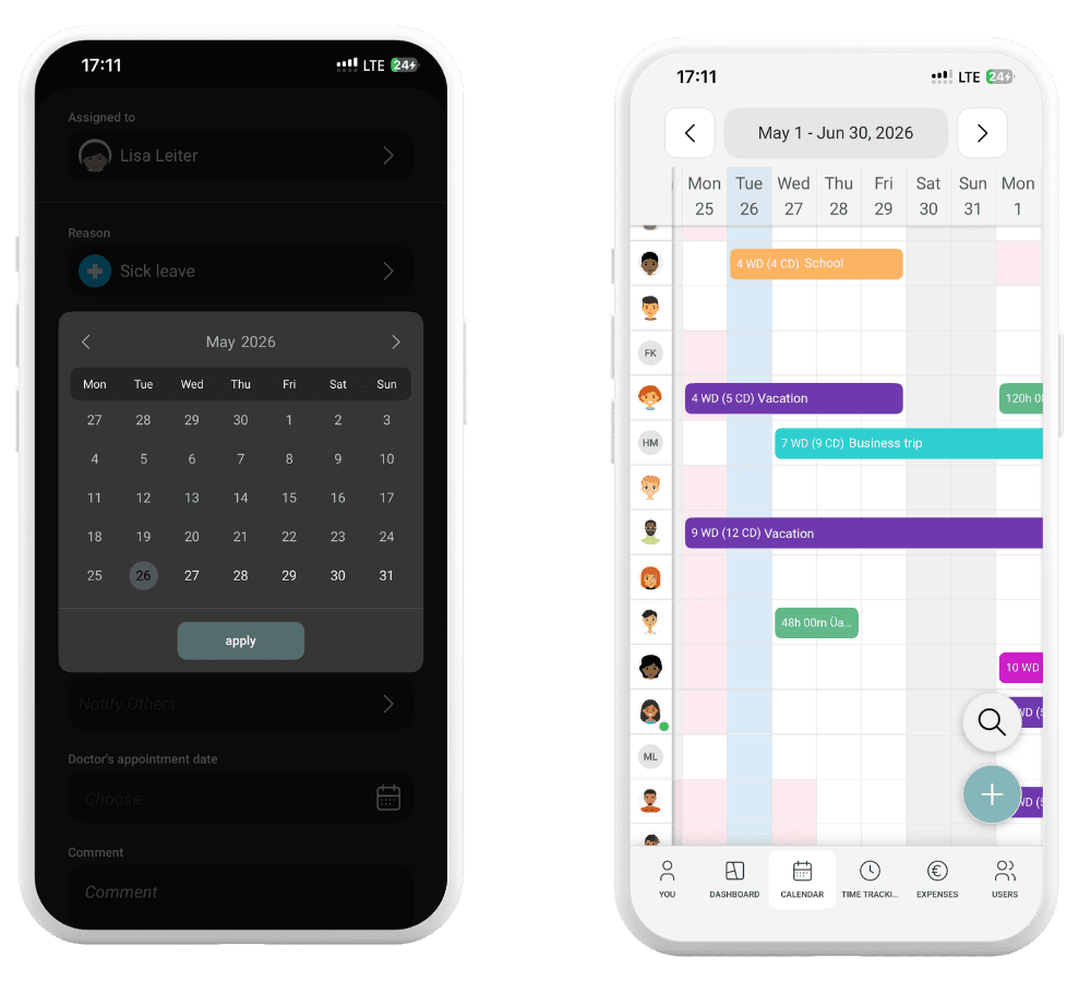 Individual absence types and simple leave request in the absence.io mobile app