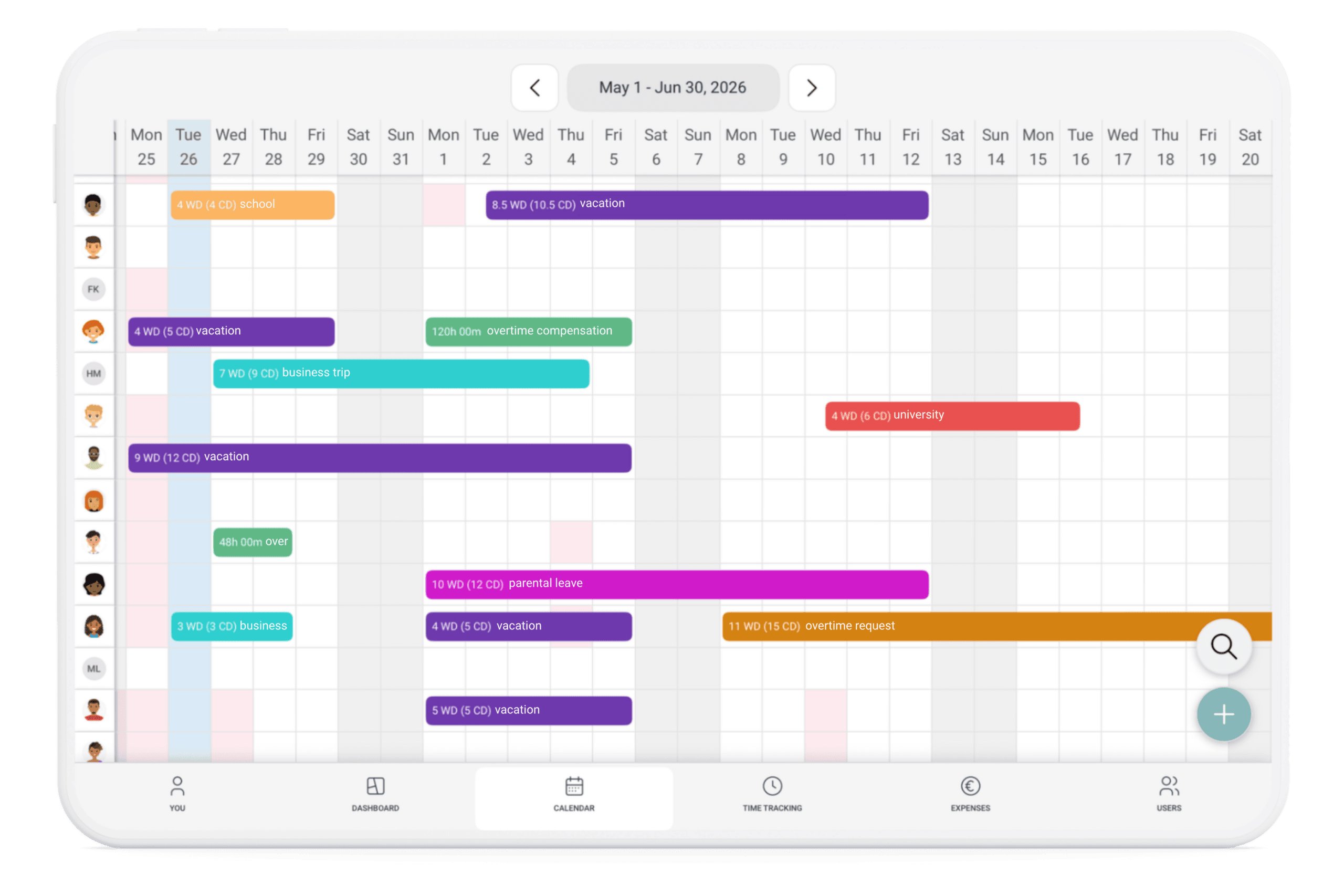 Team calendar on tablet with vacation, business trips, parental leave and other absences in absence.io