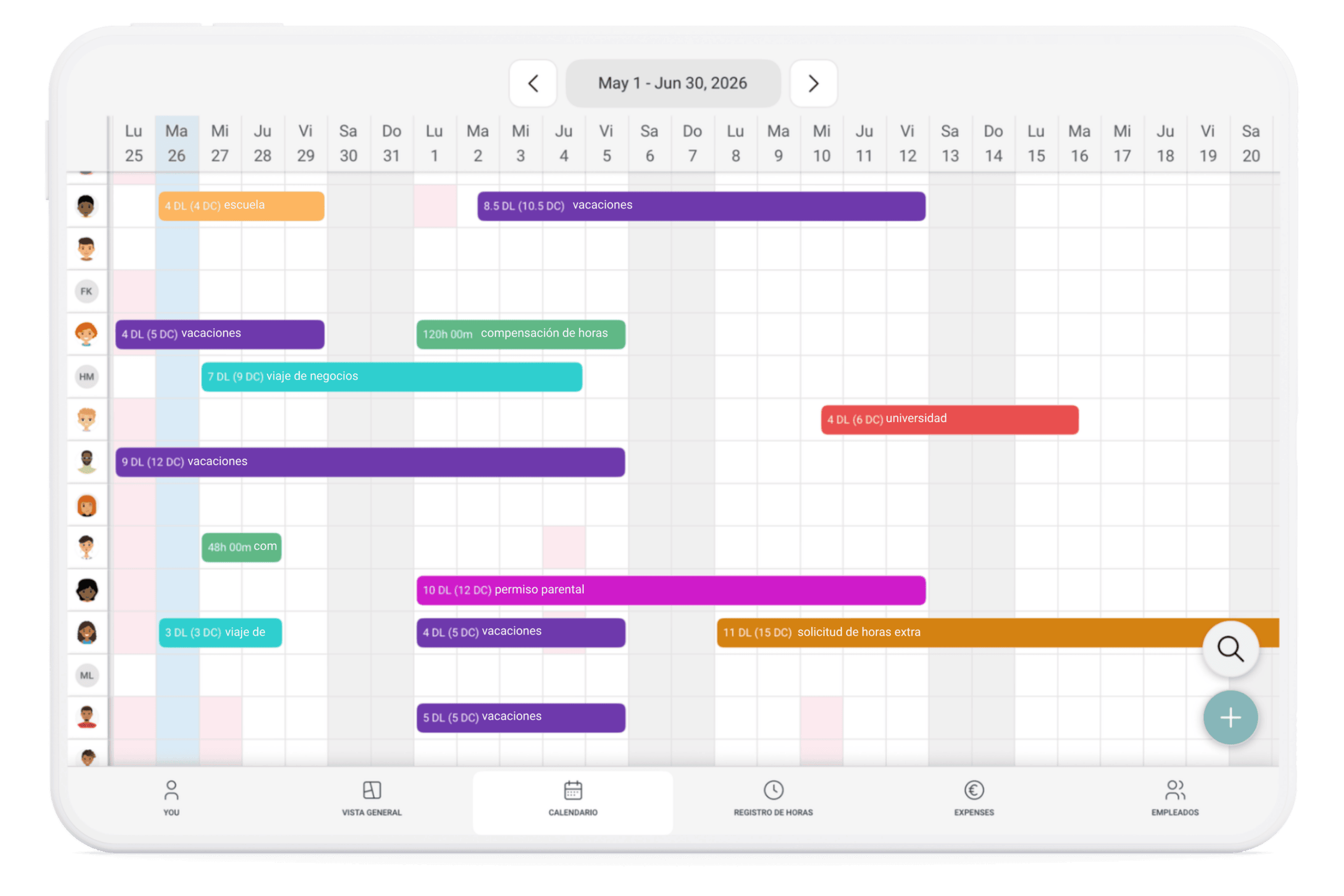 Calendario de equipo en tablet con vacaciones, viajes de trabajo, baja parental y otras ausencias en absence.io