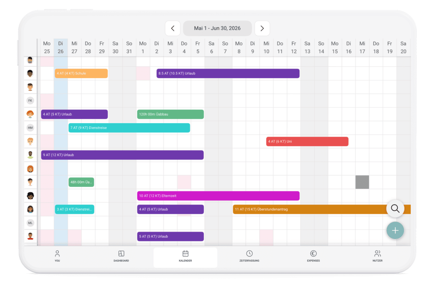 Teamkalender auf dem Tablet mit Urlaub, Dienstreisen, Elternzeit und weiteren Abwesenheiten in absence.io
