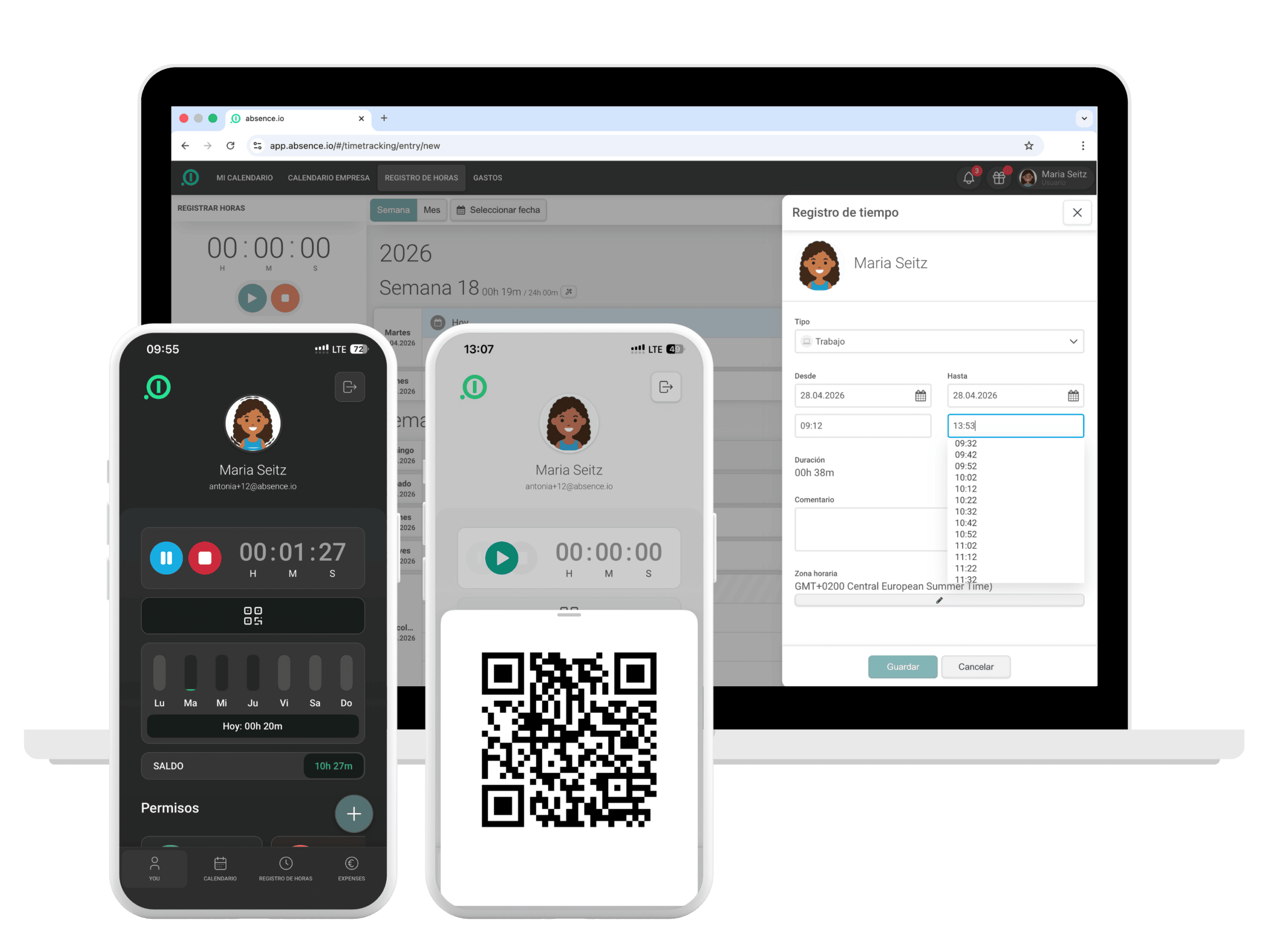 Control horario en escritorio y smartphone con cronómetro en la app móvil y terminal de código QR para fichar en absence.io